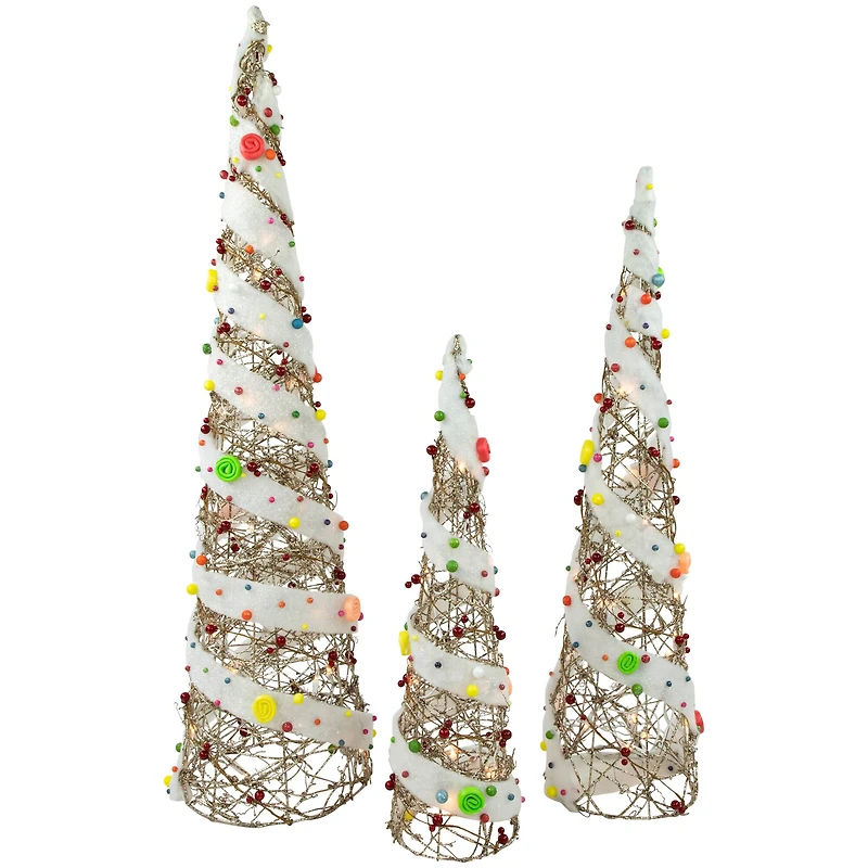 Set of 3 Lighted Champagne Gold Rattan Candy Covered Cone Tree Christmas Yard Art Decorations 39.25"