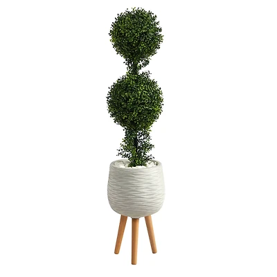 4ft. Boxwood Double Ball Topiary Artificial Tree in White Planter with Stand (Indoor/Outdoor)