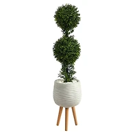4ft. Boxwood Double Ball Topiary Artificial Tree in White Planter with Stand (Indoor/Outdoor)