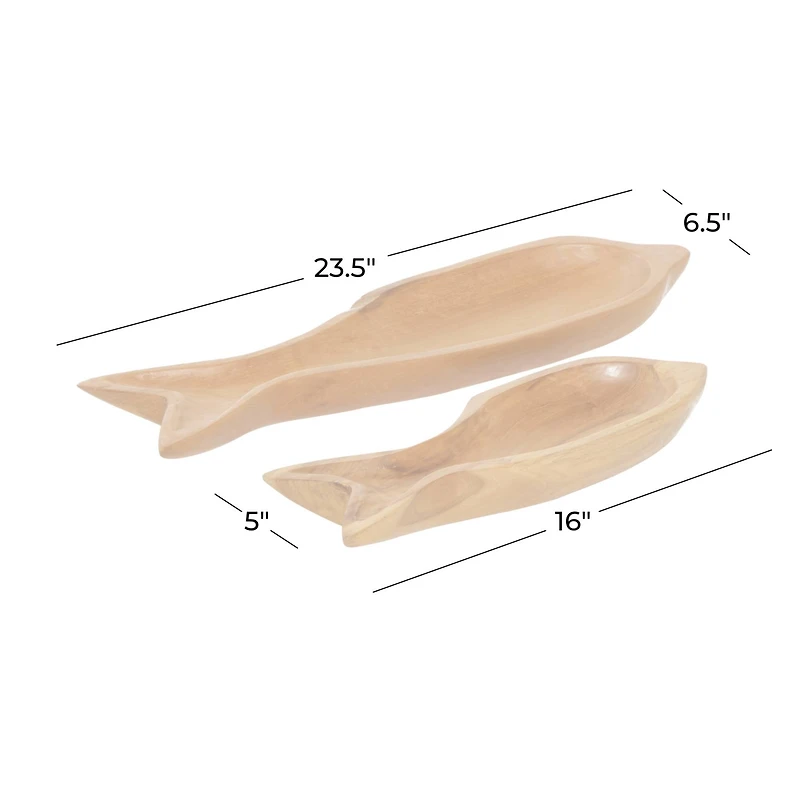 Brown Fish Teak Wood Coastal Style Tray Set