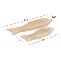 Brown Fish Teak Wood Coastal Style Tray Set
