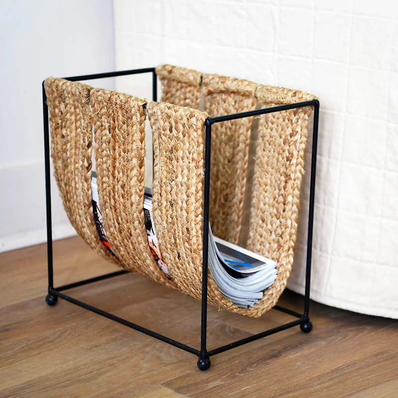 Hello Honey® Natural & Black Woven Jute & Metal Magazine Holder