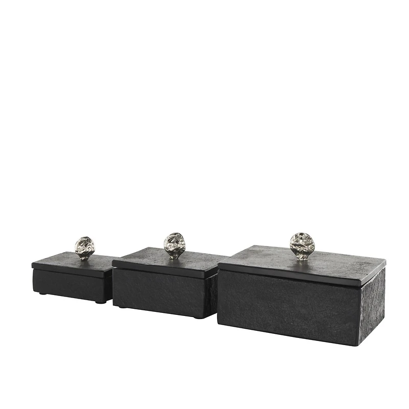 Black Marble Decorative Box with Textured Silver Aluminum Knobs, 3ct.