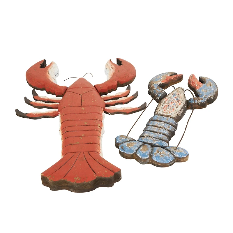 Red & Blue Wood Lobster Handmade Distressed Sculpture Set
