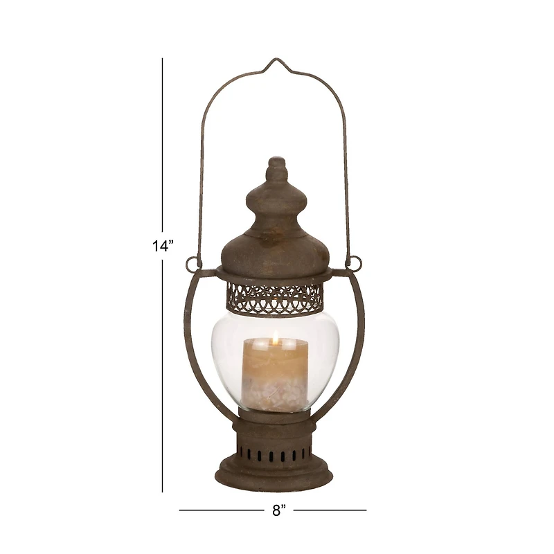 14" Brown Iron Rustic Candle Holder Lantern