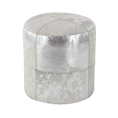 17" Silver & White Leather & Wood Glam Ottoman