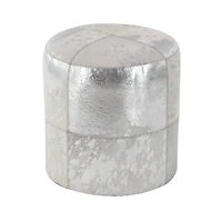 17" Silver & White Leather & Wood Glam Ottoman