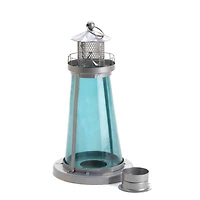9.5" Silver Lighthouse with Blue Glass Candle Lantern