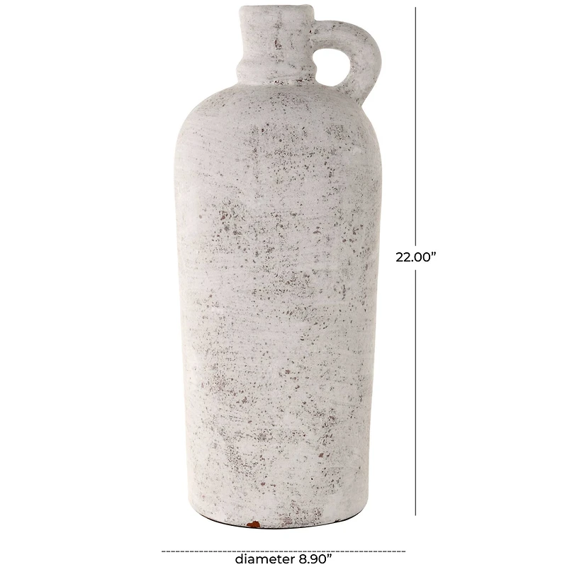 22" Cream Ceramic Antique Style Textured Vase with Curved Handle