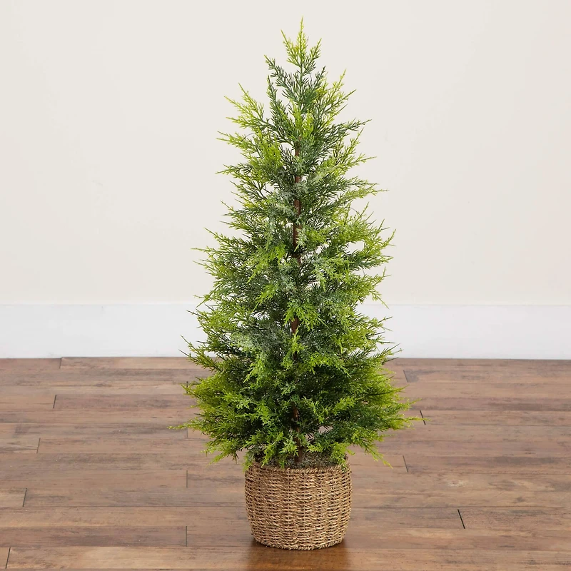 3ft. Pre-Lit Artificial Lightly Snowed Cypress Christmas Tree with 38 Warm White LED Lights in Decorative Weaved Basket