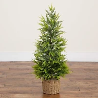 3ft. Pre-Lit Artificial Lightly Snowed Cypress Christmas Tree with 38 Warm White LED Lights in Decorative Weaved Basket