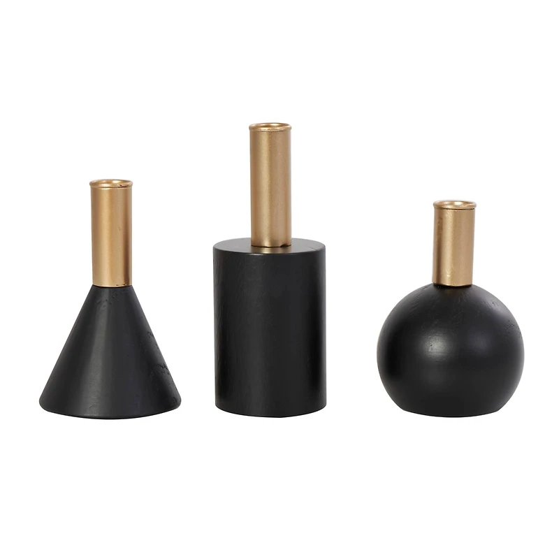 Black Wood Geometric Candle Holder Set