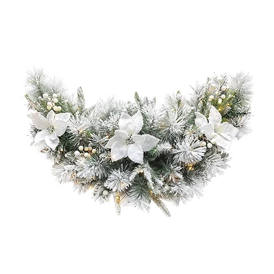 Glitzhome® 36" Pre-Lit Flocked Greenery Pine White Poinsettia & Berry Christmas Swag with Timer