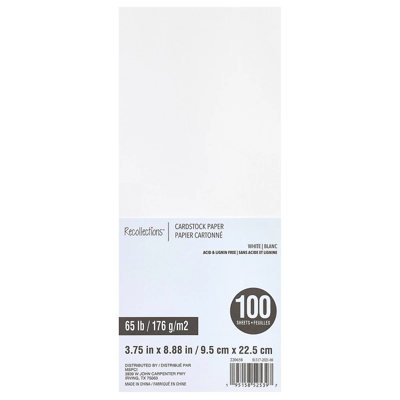 12 Packs: 100 ct. (1,200 total) White 3.75" x 8.875" Cardstock Paper by Recollections™