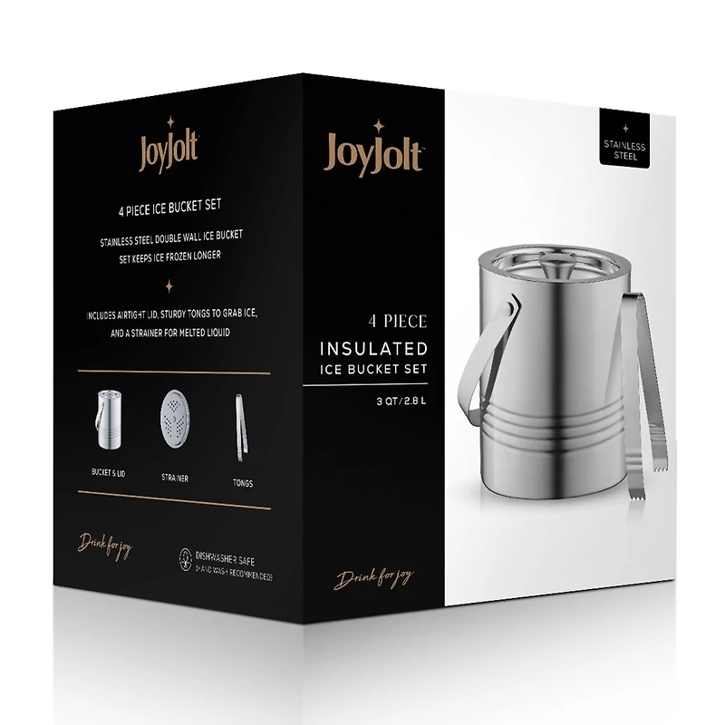 JoyJolt® Double Wall Stainless Steel Ice Bucket with Strainer & Tongs