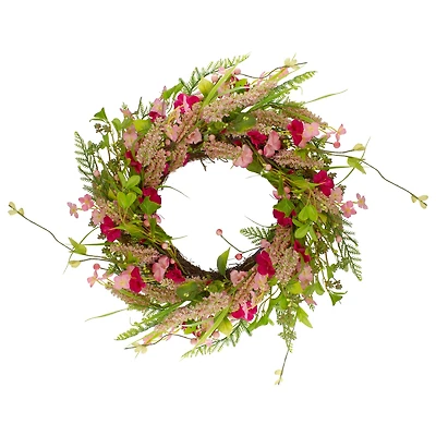 21" Pink Spring Floral Foliage & Berry Twig Wreath