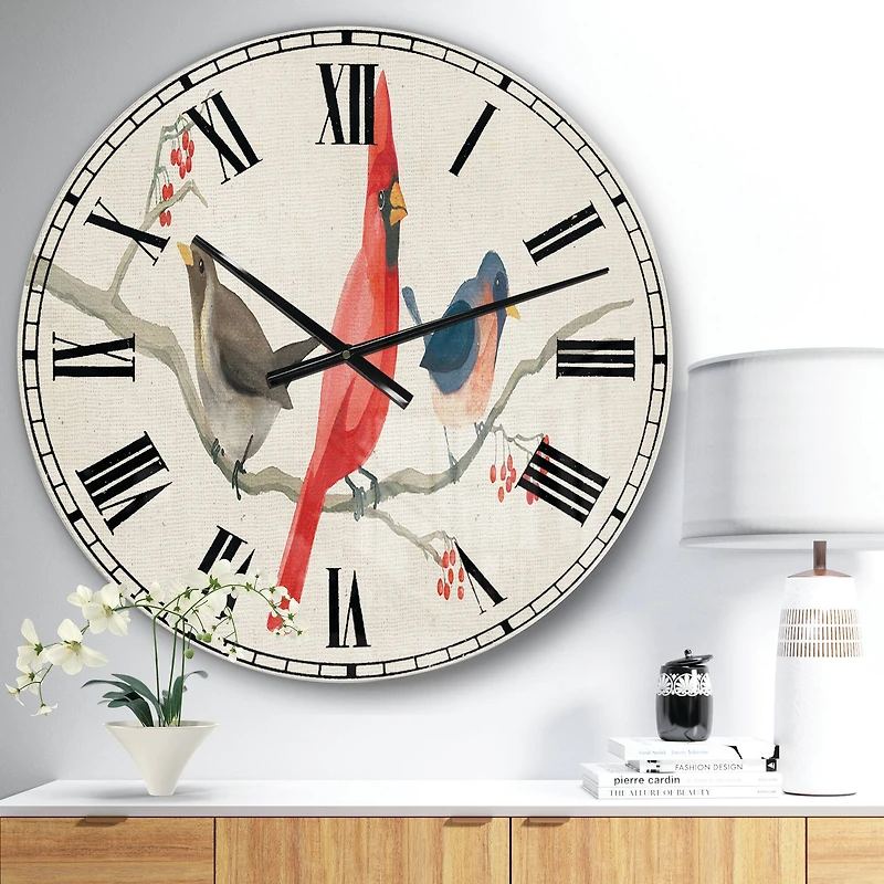 Designart 'Red Farmhouse Bird On Branch Painting Farmhouse Wall Clock