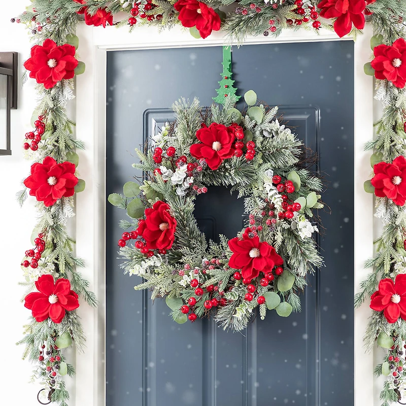 Glitzhome® 24"D Christmas Red Mangnolia & Berry Wreath