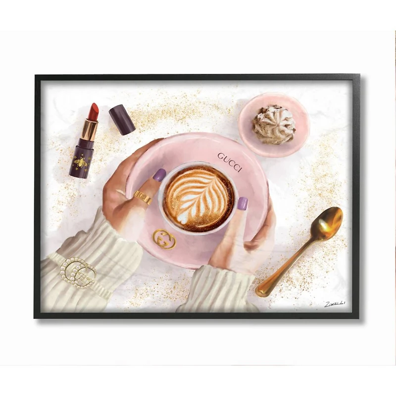 Stupell Industries Women's Glam Fashion Coffee Latte Art Designer Brand Framed Wall Art