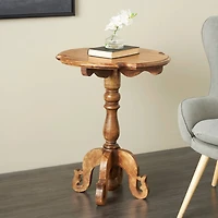 Brown Mango Wood  Turned Accent Table with Scrolled Legs and Cutout Tabletop