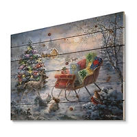 Designart Christmas Tree with Sleigh Print on Natural Pine Wood