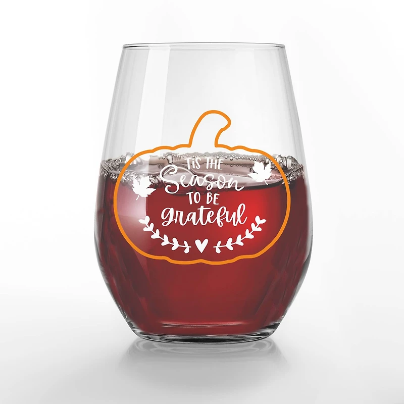 Tis the Season to be Grateful 15oz. Printed Stemless Wine Glass