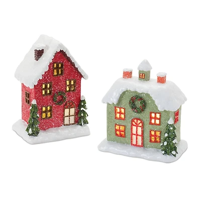 Red & Green Winter Village Houses Lighted Tabletop Town Décor Set, 5.75" & 6"