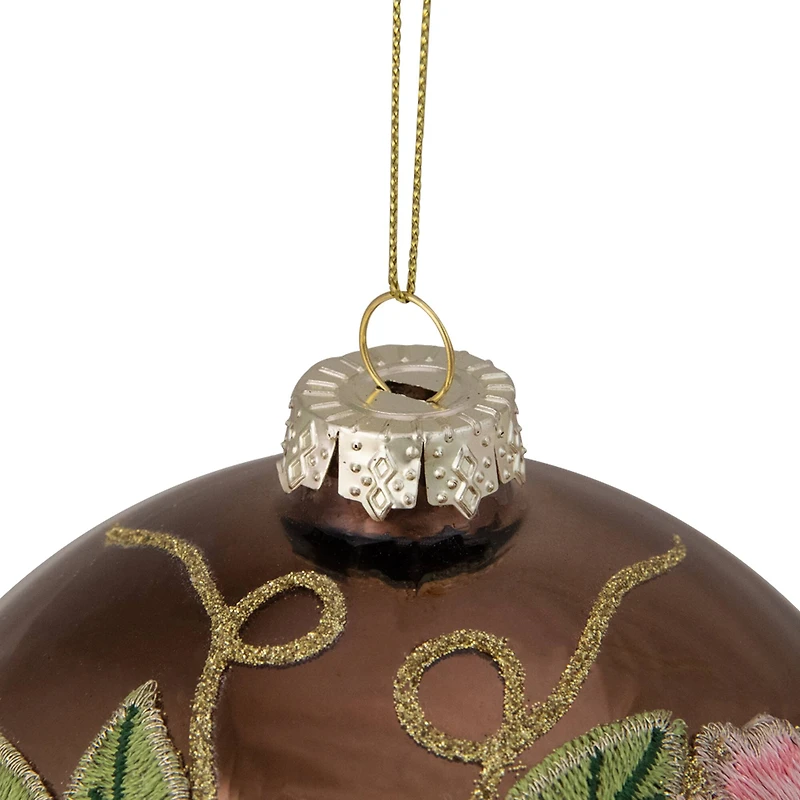 5" 2-Finish Brown & Pink Floral Applique Glass Ball Ornament