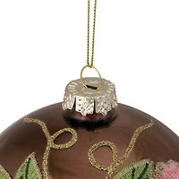 5" 2-Finish Brown & Pink Floral Applique Glass Ball Ornament