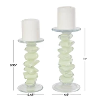 Green Glass Stacked Stone Candle Holder Set