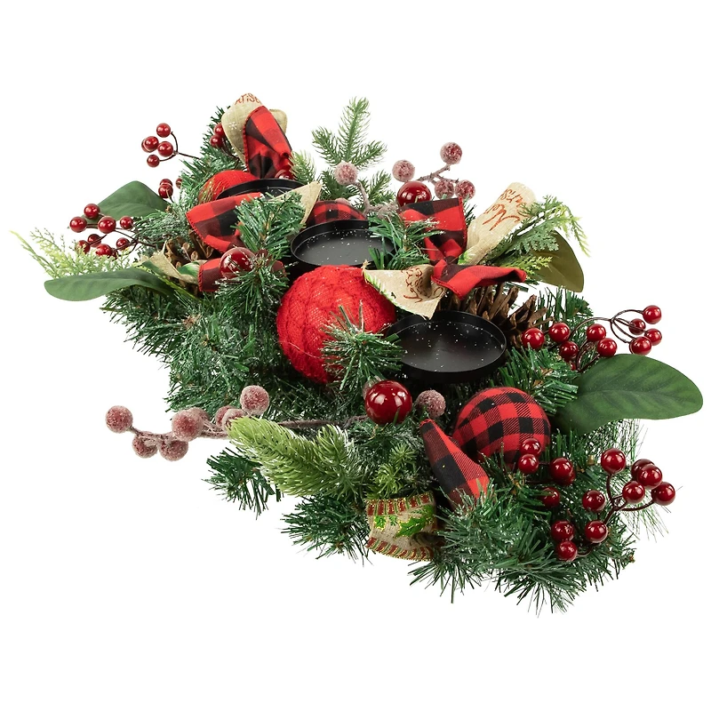 30" Green Pine Triple Candle Holder With Bows & Plaid Christmas Ornaments