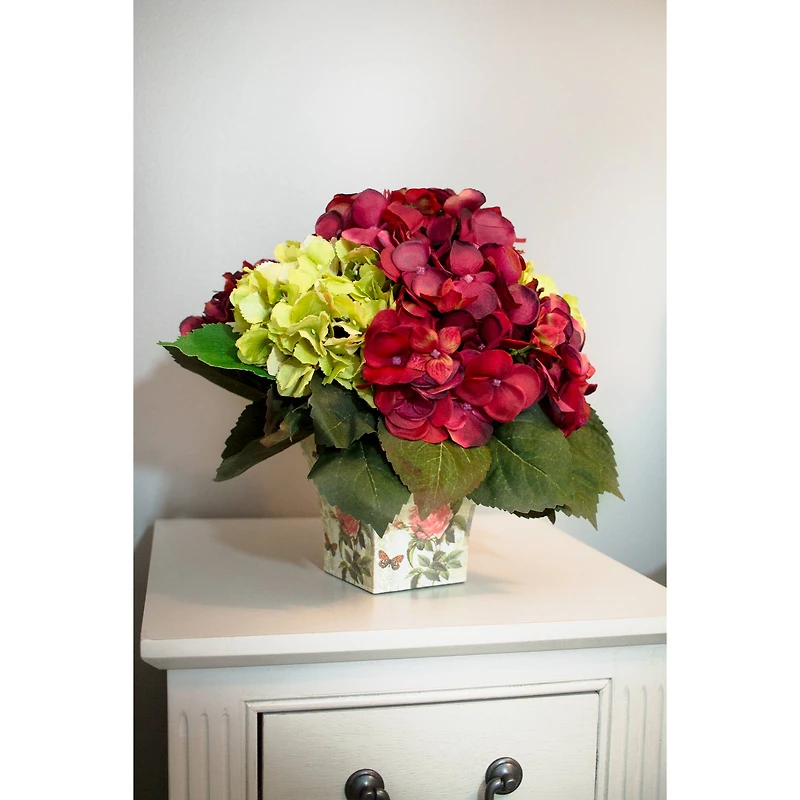 11" Green & Burgundy Hydrangea Arrangement in Floral Vase
