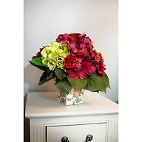 11" Green & Burgundy Hydrangea Arrangement in Floral Vase