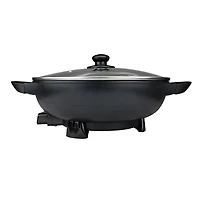 Brentwood 13" Black Nonstick Flat Bottom Electric Wok Skillet with Vented Glass Lid