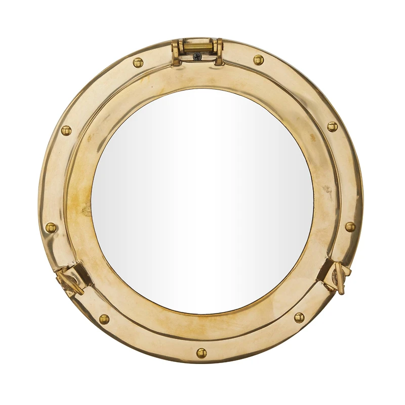 The Novogratz Gold Brass Sail Boat Wall Mirror with Port Hole Detailing 12" x 2" x 12"