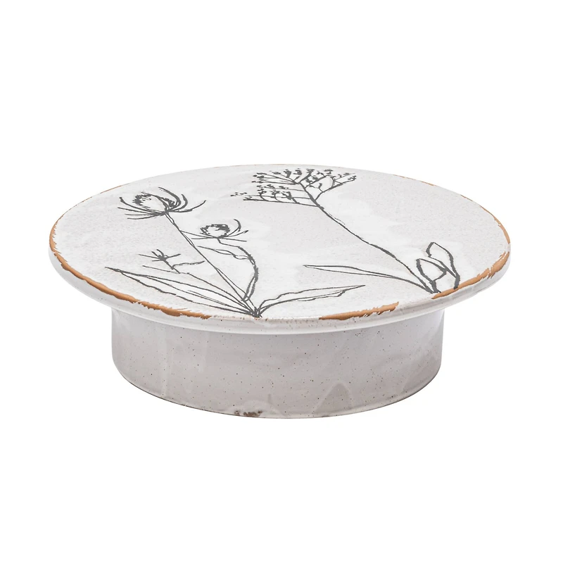 Hello Honey® 12" White & Black Round Debossed Stoneware Pedestal with Flowers & Reactive Glaze