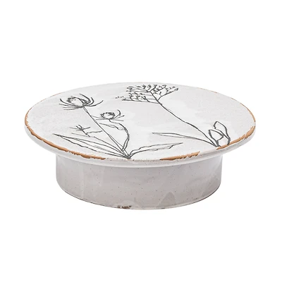 Hello Honey® 12" White & Black Round Debossed Stoneware Pedestal with Flowers & Reactive Glaze