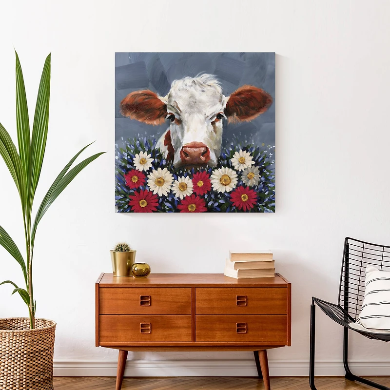 Patriotic Florals Cow I Canvas Wall Art