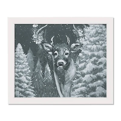 Neutral Painted Deer White Framed Canvas Wall Art
