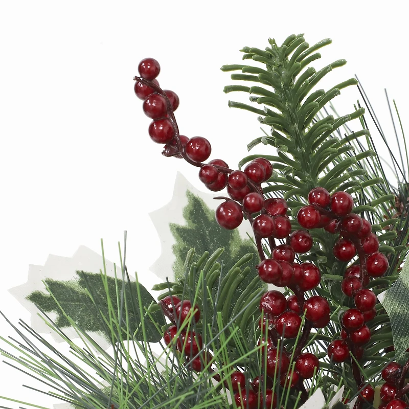 9.5" Green Pine & Red Berry Arrangement in White Ceramic Pot with Striped Rim by Ashland®