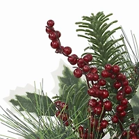 9.5" Green Pine & Red Berry Arrangement in White Ceramic Pot with Striped Rim by Ashland®