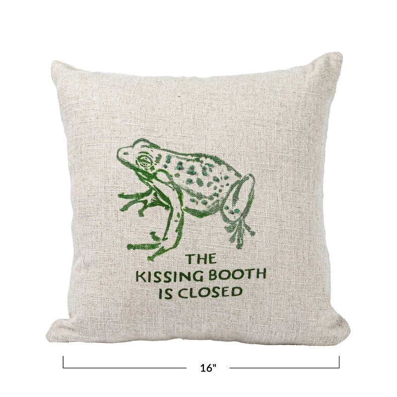 Hello Honey® Natural & Green Frog "The Kissing Booth is Closed" Linen Blend Pillow with French Knots