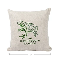 Hello Honey® Natural & Green Frog "The Kissing Booth is Closed" Linen Blend Pillow with French Knots