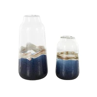Dark Blue Glass Abstract Textured Swirl Decorative Vase Set with Gold & Cream Accents