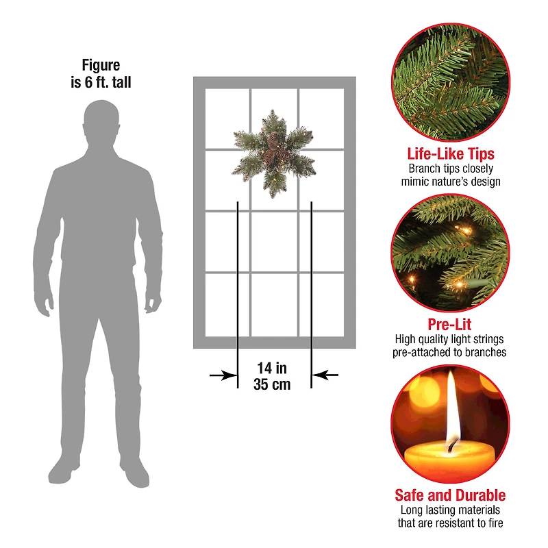 14" Glittery Bristle® Pine Snowflake with Pine Cones & Warm White LED Lights