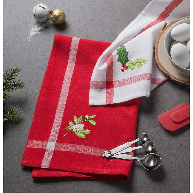 DII® Red & White Stripe Holly & Mistletoe Holiday Embroidered Dishtowel Set