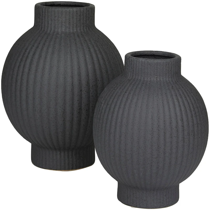 CosmoLiving by Cosmopolitan Black Ceramic Ribbed Vase Set of 2 11", 9"