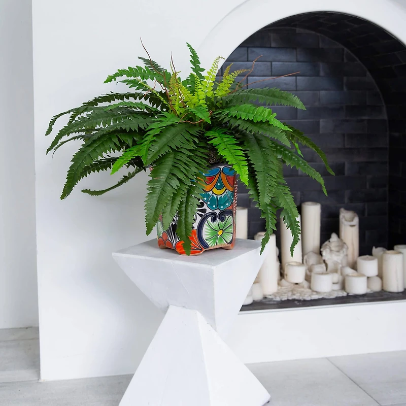 21" Artificial Boston Fern in Handmade Mexican Talavera Ceramic Planter