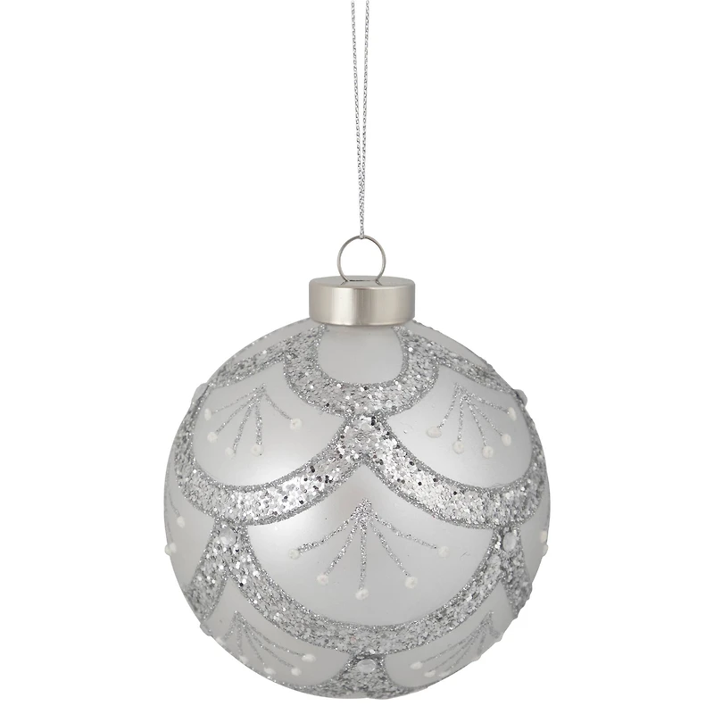 4" Glittered Silver Glass Ball Ornament