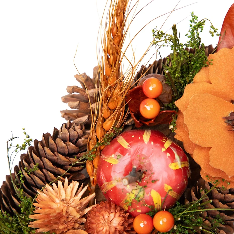 13.25'' Unlit Autumn Harvest Orange Flowers and Gourds Pine Cone Wreath